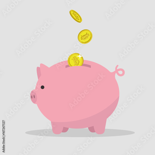 Bitcoins falling down in a piggy bank / flat editable vector illustration, clip art