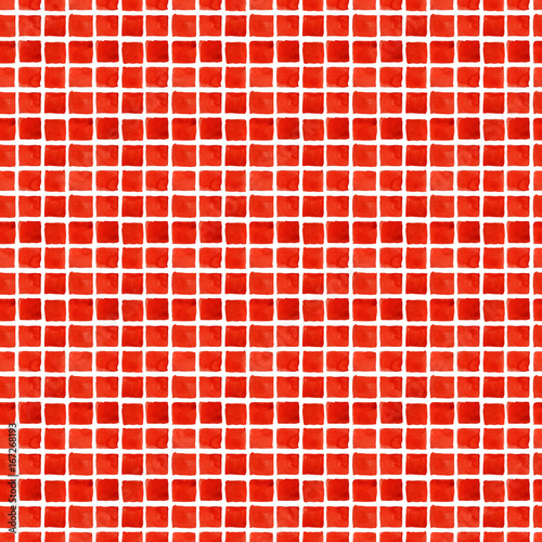 Hand drawned seamless watercolor pattern. Illustration of watercolor small rectangular slabs in bright red. Seamless pattern with watercolor red tiles.