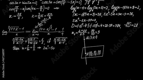 Math calculations or formulas appearing in chalk on black board, computer
generated loopable motion background.