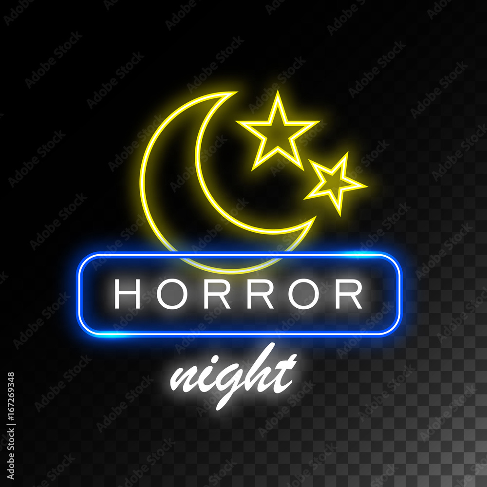 Moon and stars neon sign. Horror night. Halloween bright signboard ...