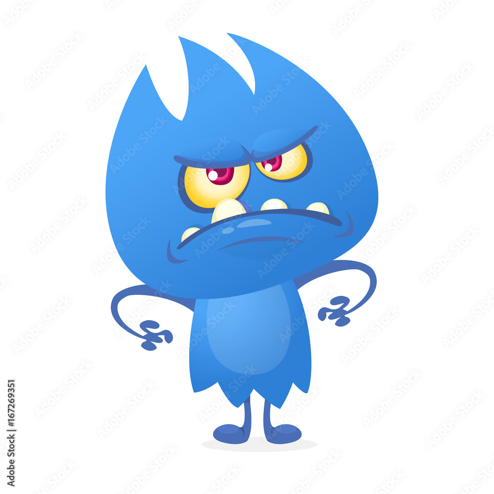 Funny cartoon fluffy blue monster alien creature character. Vector illustration for Halloween