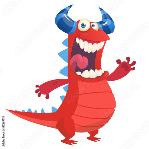 Angry cute cartoon red monster dragon laughing. Vector illustration of red horned monster