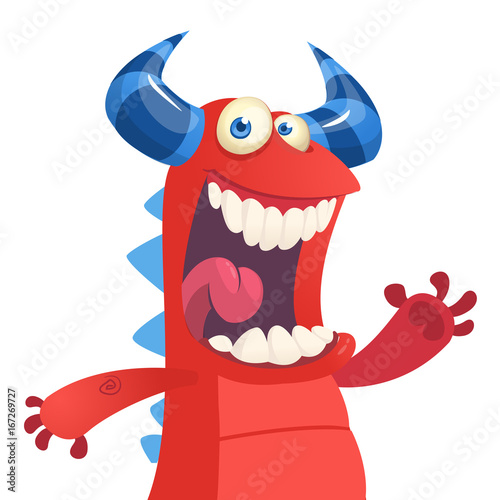 Cartoon portrait of yelling red monster dragon. Halloween vector illustration of red horned monster isolated waving