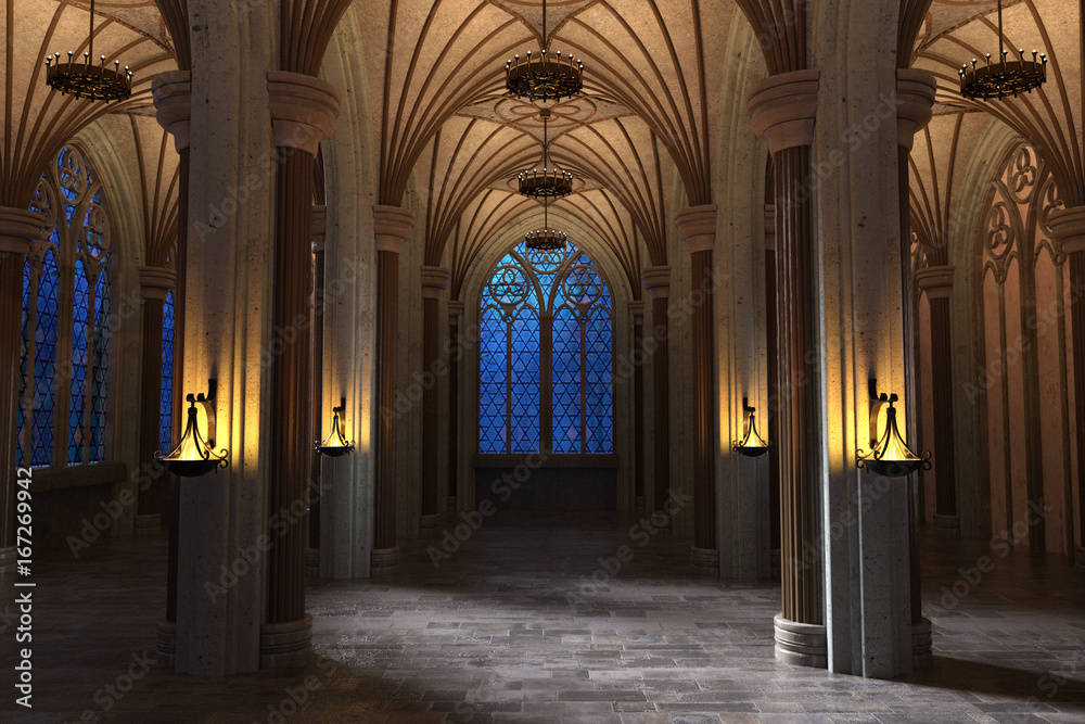 Stunning night view of a Gothic Cathedral Gallery lit with copper chandeliers. 3d render