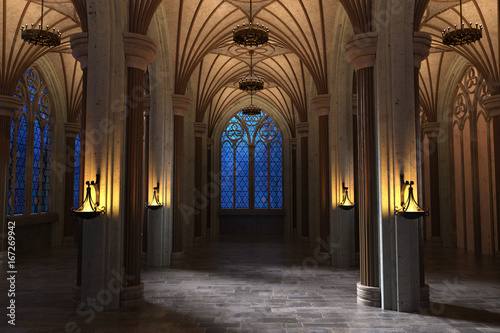 Stunning night view of a Gothic Cathedral Gallery lit with copper chandeliers. 3d render