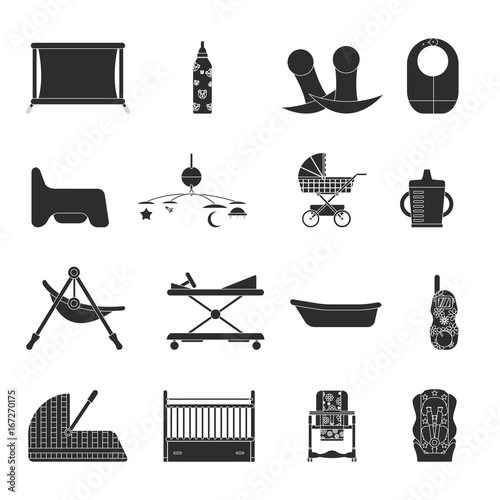 A set of items silhouette for newborns isolated on white background. Vector illustration