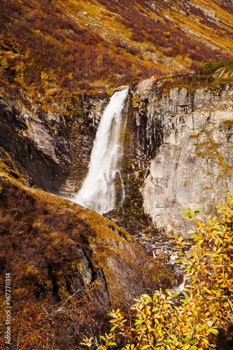 view on Buldrefossen waterfall, Gamle Strynefjellsvegen, Norway