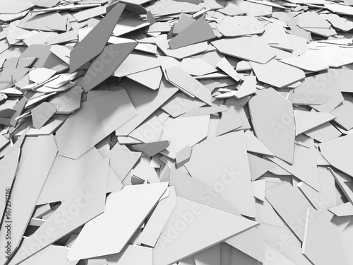 Abstract destruction white surface. Chaotic broken fragments background