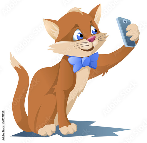 Funny cat making selfie. Cartoon styled vector illustration. No transparent objects. Isolated on white.
