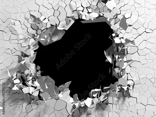 Obraz ciemna, czarna dziura w popękanej ścianie, 3d