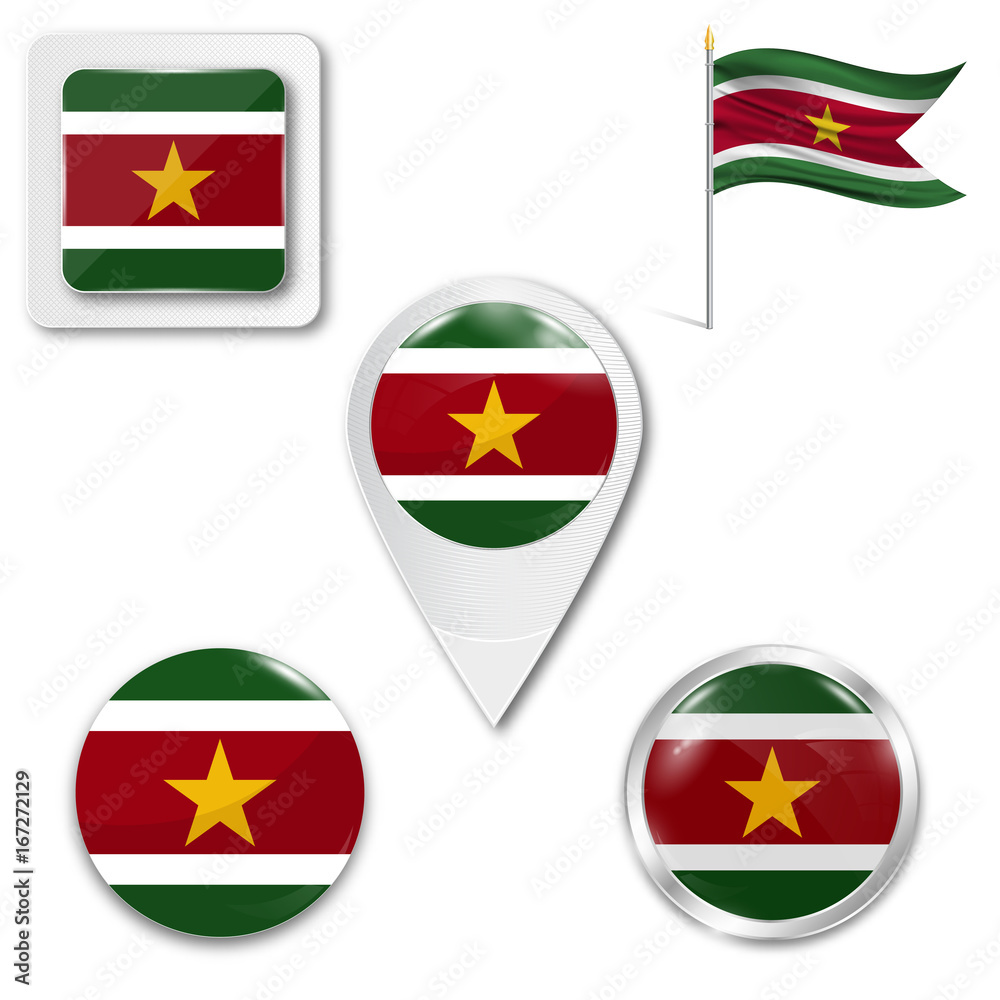 Set of icons of the national flag of Suriname in different designs on a white background. Realistic vector illustration. Button, pointer and checkbox. Set of icons of the national flag of Suriname in different designs on a white background. Realistic vector illustration. Button, pointer and checkbox.