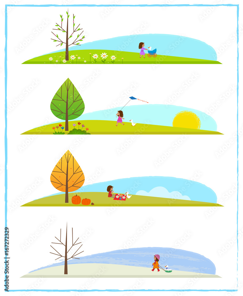 Four Season Clip art - Cute clip art of the four season cycle, with a little girl and her goose. Eps10
