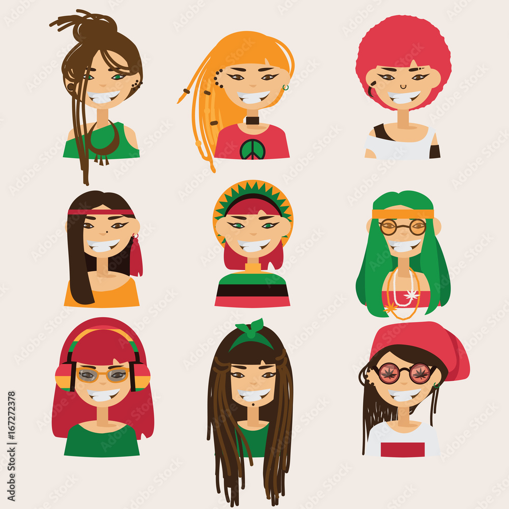 Vector set with lovely rastafarian girls characters. Heads with different hairstyle, color and accessories. Vector set with lovely rastafarian girls characters. Heads with different hairstyle, color and accessories.