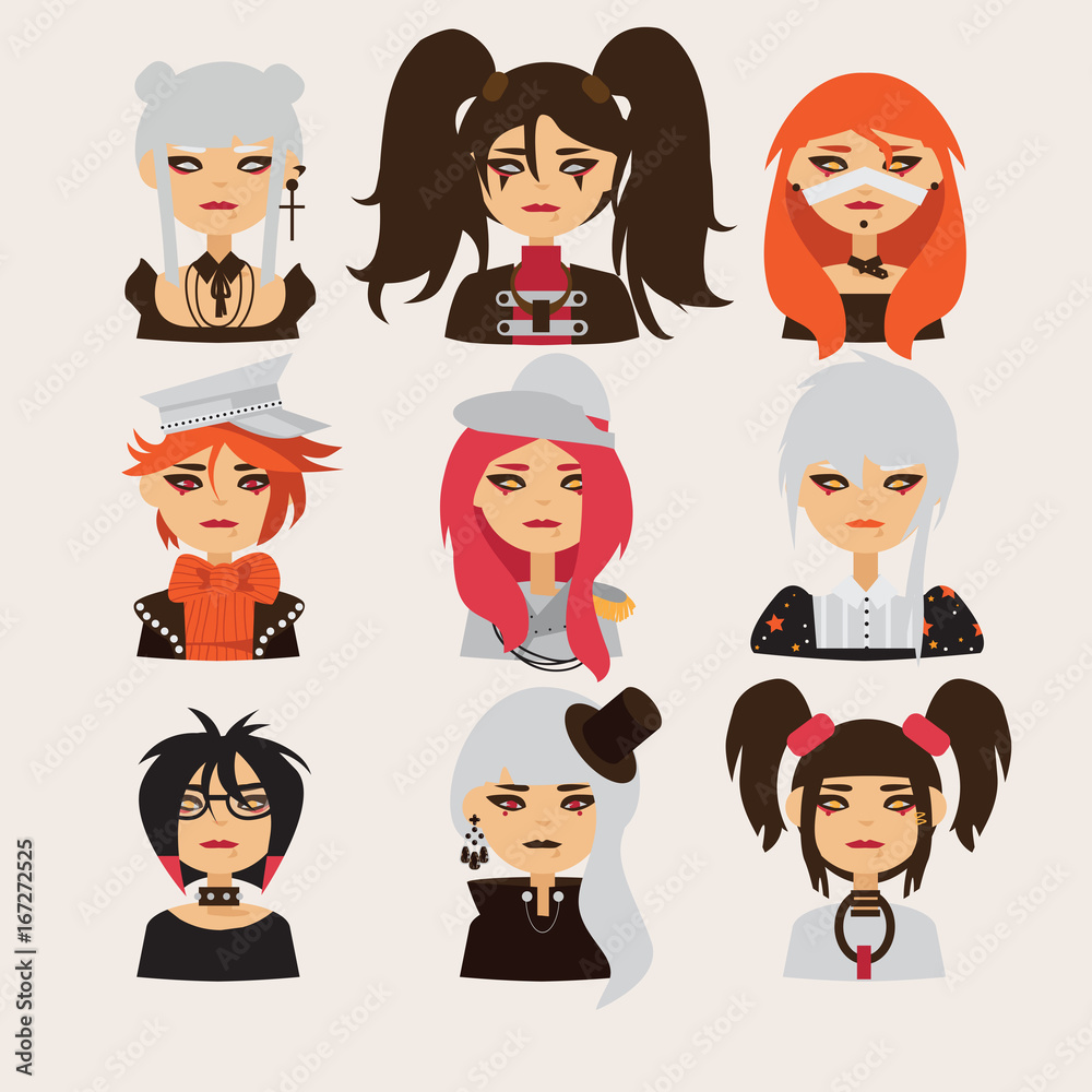 Vector set with lovely visual kei girls characters. Heads with different  hairstyle, color and accessories. good for cosplay avatars and japanese  related characters Stock Vector | Adobe Stock