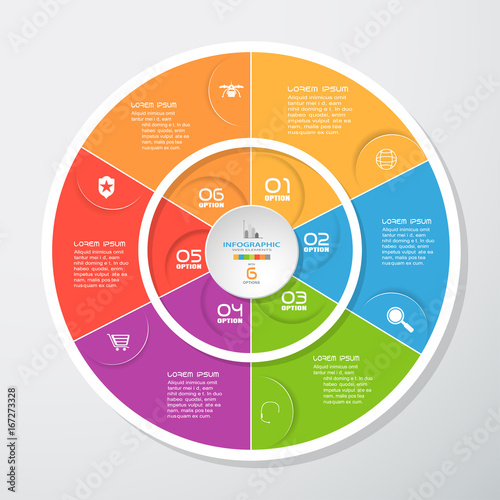 Vector infographic of round white forms and color segments cut from paper with shadows, text and icons on the gradient gray background. Can be use for business, education, presentation.