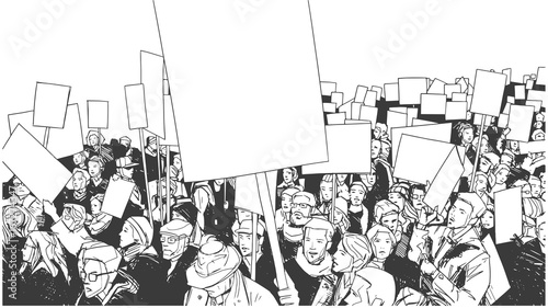 Illustration of people protesting with blank signs and banners 