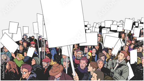 Illustration of people protesting with blank signs and banners 