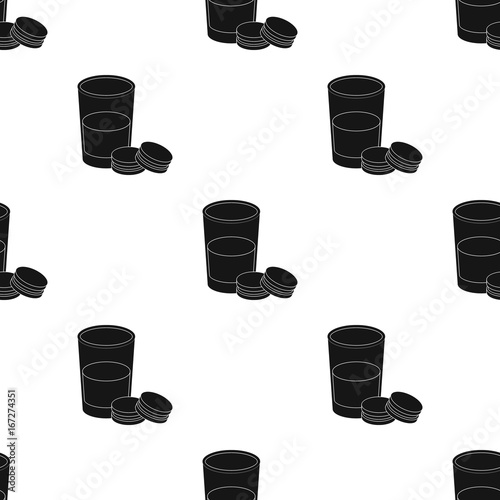Glass of milk with cookies icon in black style isolated on white background. Sleep and rest symbol stock vector illustration.