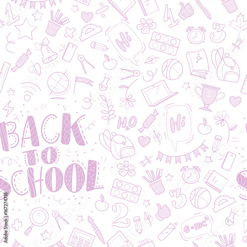Vector seamless pattern with doodle school supplies isolated on white background. Line art. Linear back to school elements design. Good for banner, packaging paper. Outline isolated education objects.