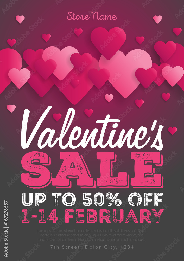Valentine's Day Sale Vintage flyer. Background With Hearts. Vector illustration