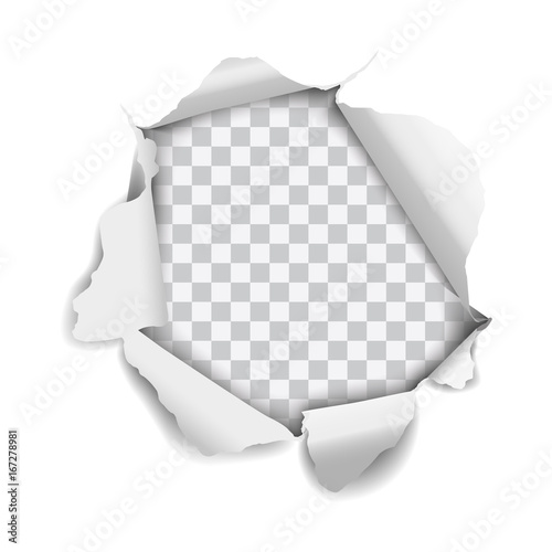 Vector realistic hole torn in paper isolated on white background
