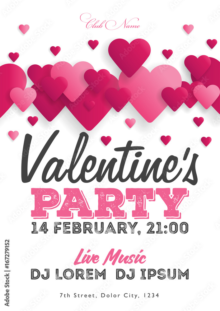 Valentine's Day invitation flyer. The template for the club, musical evenings. Speech by musicians, DJs. Night festive party. Background with hearts. Vector illustrations