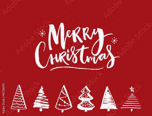 Merry Christmas card with brush typography inscription and sketched christmas trees. Vector template design.