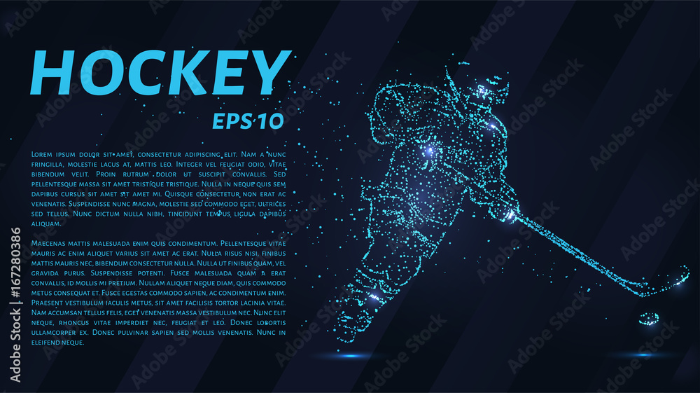 Naklejka premium A hockey game consists of points. Particles in the form of a hockey player on a dark background. Vector illustration. Graphic concept of hockey