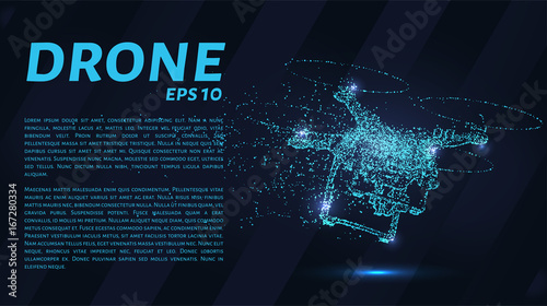 The drone consists of points. Particles in the form of a drone on a dark background. Vector illustration. Graphic concept drone