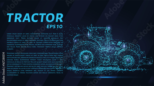 The tractor which consists of points. Particles in the form of a tractor on a dark background. Vector illustration. Graphic concept of the agricultural business