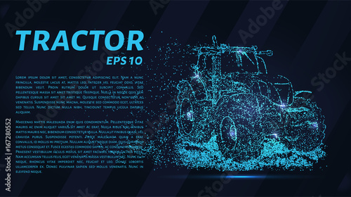The tractor which consists of points. Particles in the form of a tractor on a dark background. Vector illustration. Graphic concept of the agricultural business