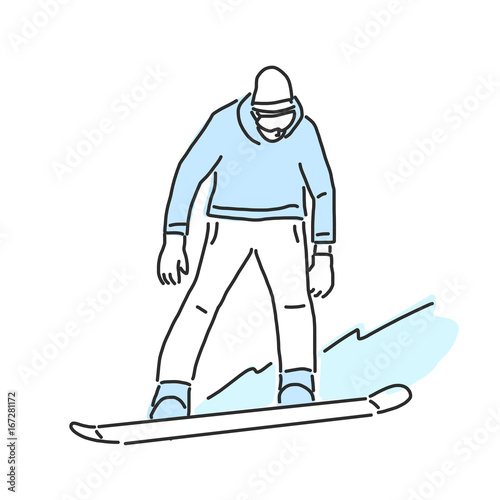 Snowboard and snowboarding winter sport, line drawing. hand drawn. vector illustration.