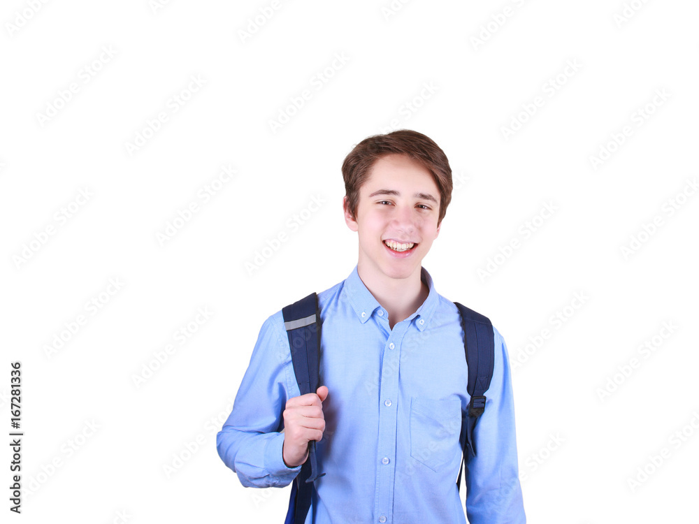 Young man portrait. Teenager, student carrying backpack. Ready to school. Isolated on white background Young man portrait. Teenager, student carrying backpack. Ready to school. Isolated on white background
