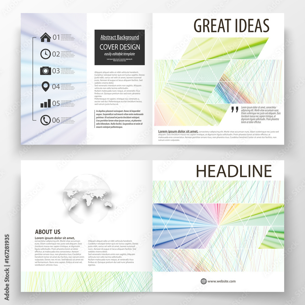 Business templates for square bi fold brochure, magazine, flyer, booklet. Leaflet cover, flat layout, editable vector. Colorful background, abstract waves, lines. Bright color curves. Motion design. Business templates for square bi fold brochure, magazine, flyer, booklet. Leaflet cover, flat layout, editable vector. Colorful background, abstract waves, lines. Bright color curves. Motion design.