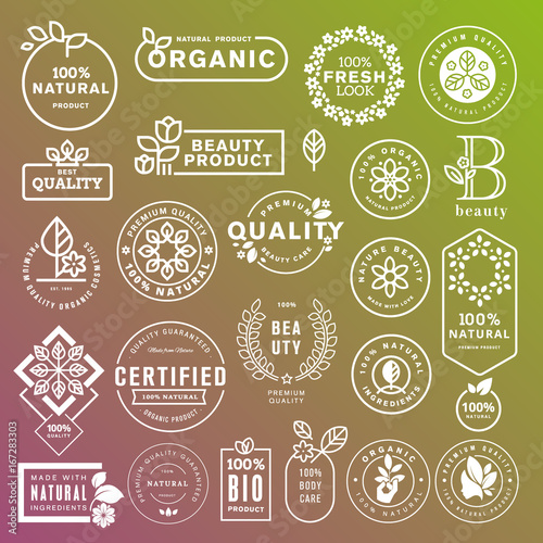 Collection of labels and stickers for natural cosmetics and beauty products. Vector illustrations on a stylized background, for cosmetics, healthcare, spa and wellness. 