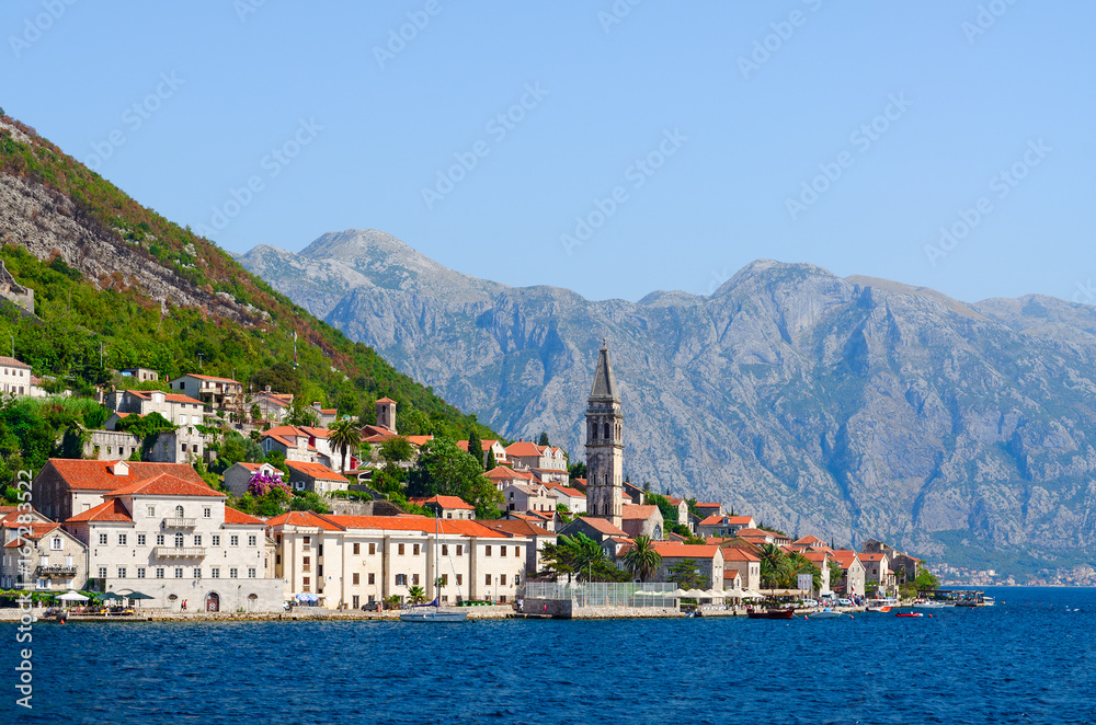Beautiful view from sea to Perast, Kotor Bay, Montenegro
