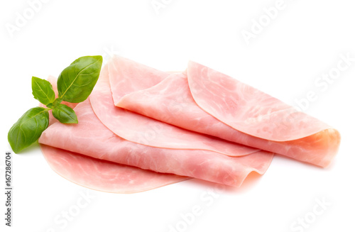 Thin slices of ham on white background.