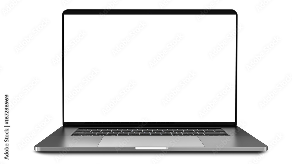 Laptop with blank screen isolated on white background, white aluminium  body.Whole in focus. High detailed. Template, mockup. Stock Illustration |  Adobe Stock