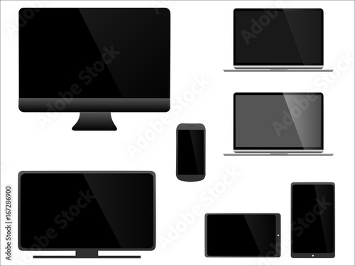 Ensemble de moniteurs gris et noirs modernes, ordinateur, ordinateur portable, tablette, téléphone et télévision