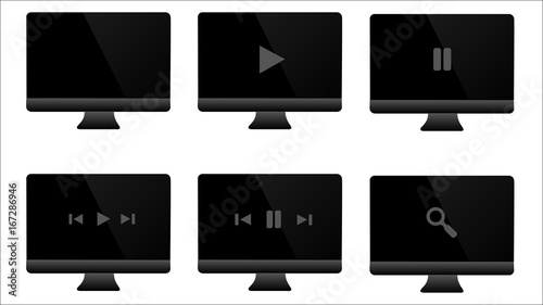 Ensemble d'ordinateur de bureau gris et noir, moderne et réaliste avec options de lecture, films, séries et musiques