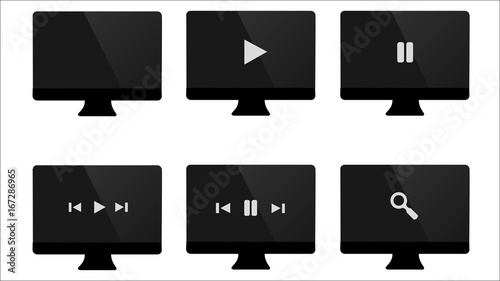 Ensemble d'ordinateur de bureau noir, moderne et réaliste avec options de lecture, films, séries et musiques