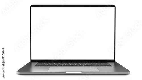Laptop with blank screen isolated on white background, white aluminium body.Whole in focus. High detailed. Template, mockup. photo