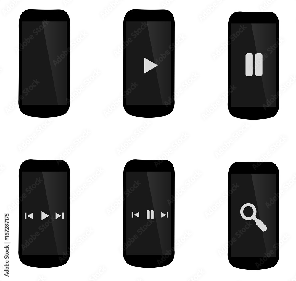 Ensemble de téléphone noir et blanc, moderne et réaliste avec options de lecture, communication, film, internet et musique Ensemble de téléphone noir et blanc, moderne et réaliste avec options de lecture, communication, film, internet et musique