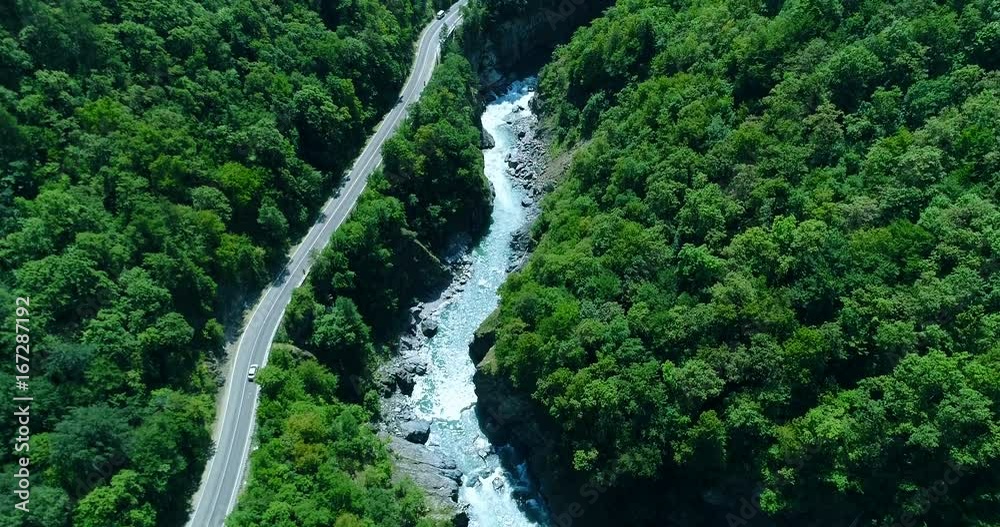Aerial View Road Along Of Belaya River Canyon, Adygea Aerial View Road Along Of Belaya River Canyon, Adygea
