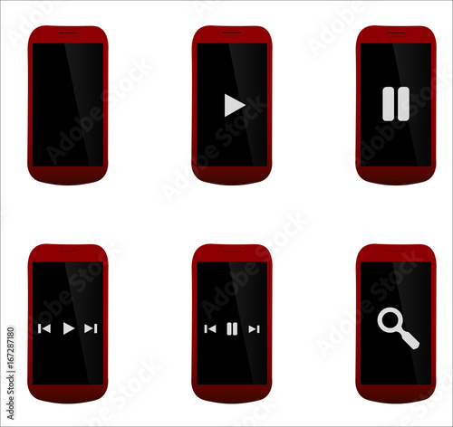 Ensemble de téléphone rouge et noir, moderne et réaliste avec options de lecture, communication, film, internet et musique