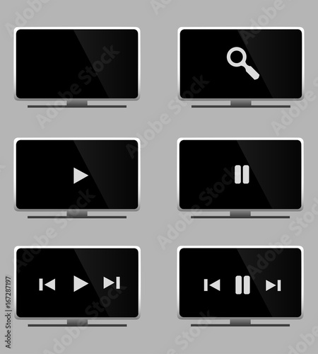 Ensemble de télévisions lcd hd blanches et grises, modernes et réalistes, écran plat, option de lecture, films, séries et musiques