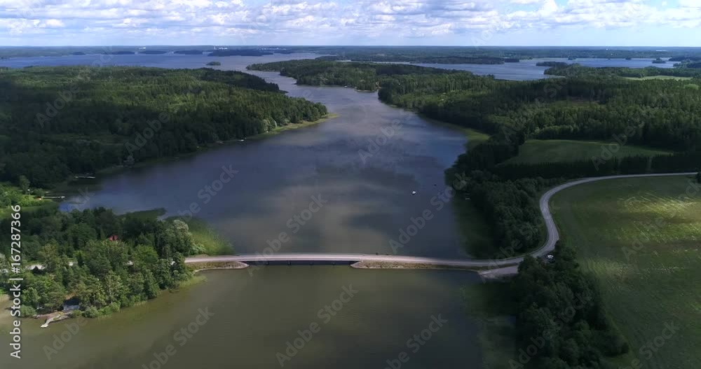 Bridge on a lake, Cinema 4k aerial view towards lohjansaari island bridge, on a sunny day, Lohja, Uusimaa, Finland Bridge on a lake, Cinema 4k aerial view towards lohjansaari island bridge, on a sunny day, Lohja, Uusimaa, Finland