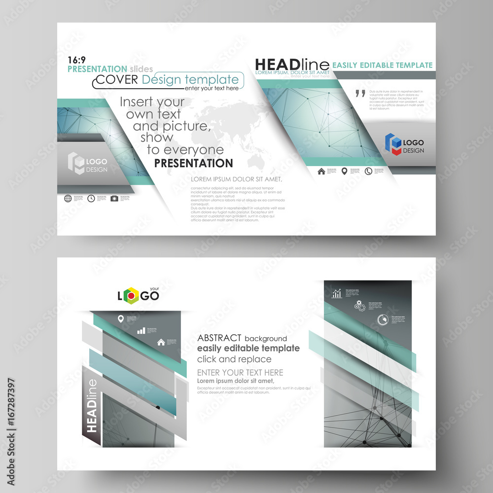 Business templates in HD format for presentation slides. Vector layouts in flat design. Geometric background, connected line and dots. Molecular structure. Scientific, medical, technology concept.