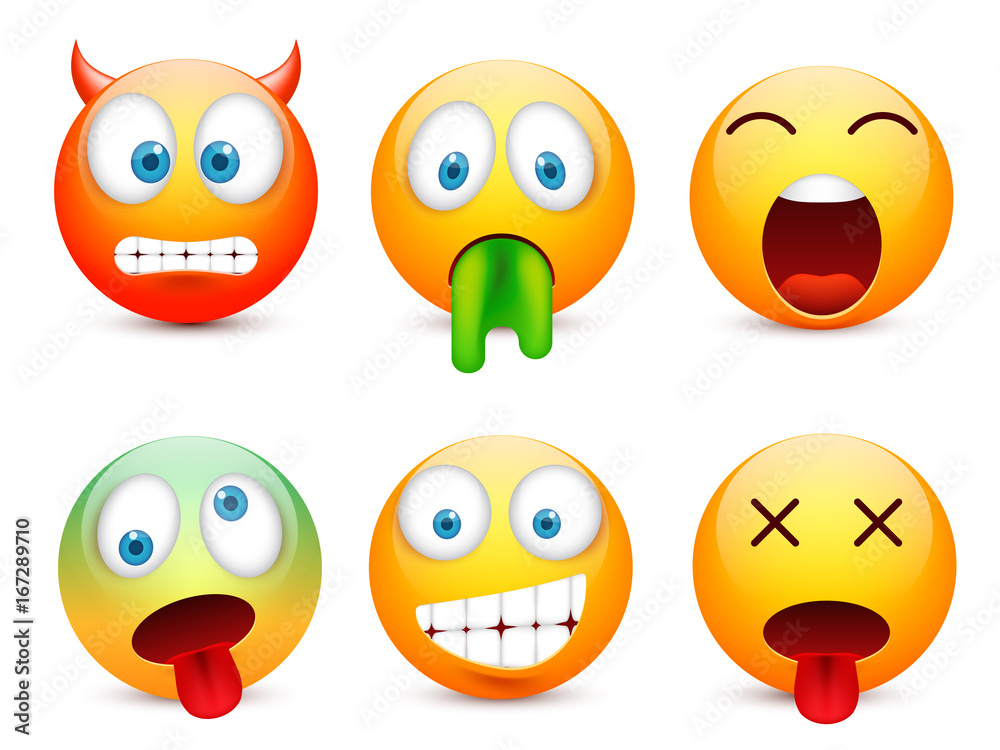 Smiley with blue eyes,emoticon set. Yellow face with emotions. Facial expression. 3d realistic emoji. Sad,happy,angry faces.Funny cartoon character.Mood.Vector illustration. Smiley with blue eyes,emoticon set. Yellow face with emotions. Facial expression. 3d realistic emoji. Sad,happy,angry faces.Funny cartoon character.Mood.Vector illustration.