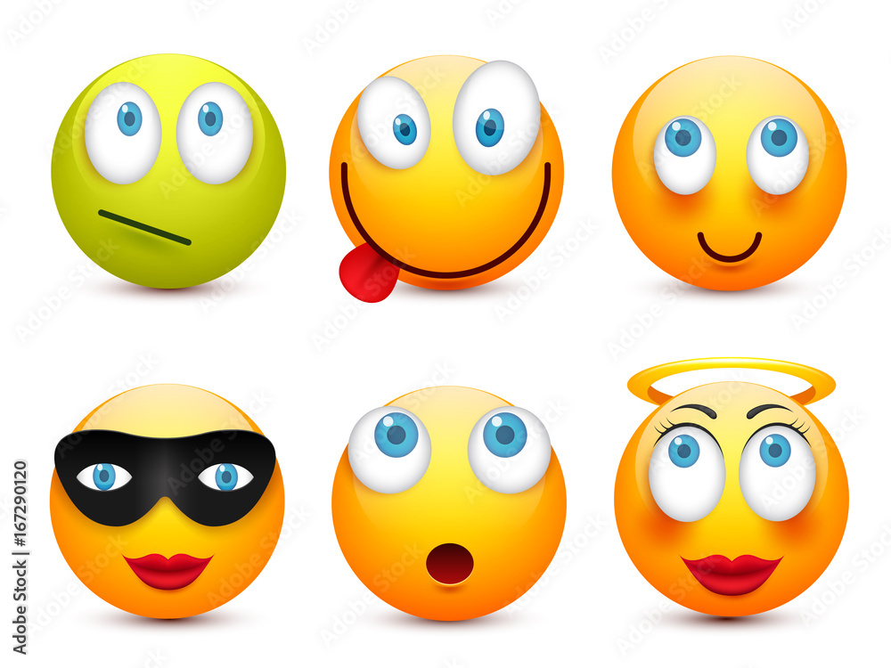 Smiley with blue eyes,emoticon set. Yellow face with emotions. Facial expression. 3d realistic emoji. Sad,happy,angry faces.Funny cartoon character.Mood.Vector illustration. Smiley with blue eyes,emoticon set. Yellow face with emotions. Facial expression. 3d realistic emoji. Sad,happy,angry faces.Funny cartoon character.Mood.Vector illustration.